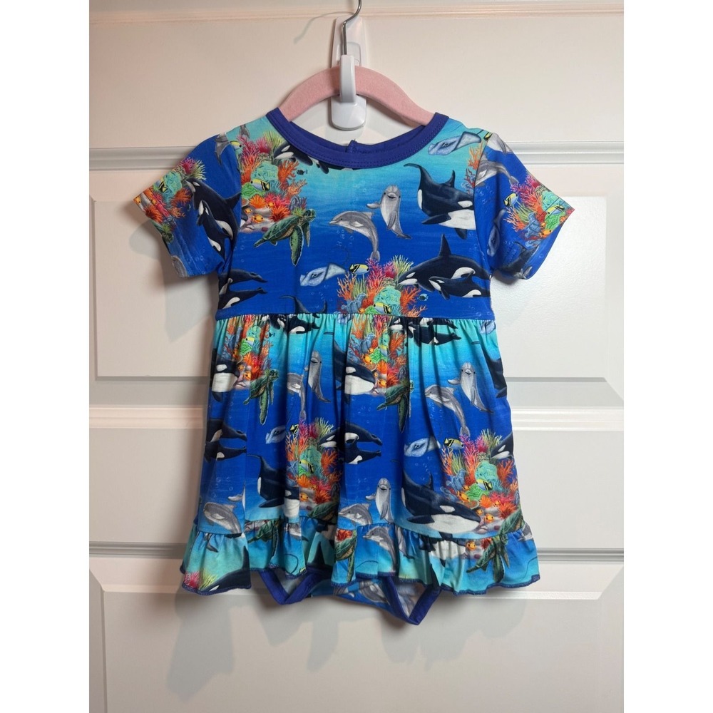 20.Showstoppers Ocean Life Bamboo Viscose Ruffle Twirl Dress Romper Blue 18/24M